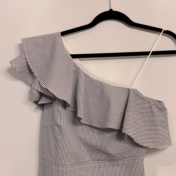 Banana Republic Size 2 Pinstripe One Shoulder Stretch Cotton Dress - Picture 5 of 14